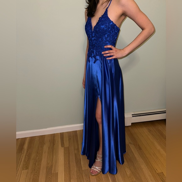 Royal Blue 00 Satin Prom Dress with Corset Tie - Picture 3 of 9